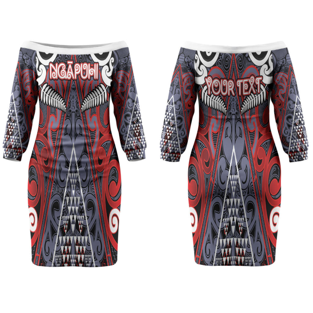 Personalised Aotearoa Iwi Ngapuhi Couples Matching Off The Shoulder Long Sleeve Dress and Long Sleeve Button Shirt Maori Motif Tribal