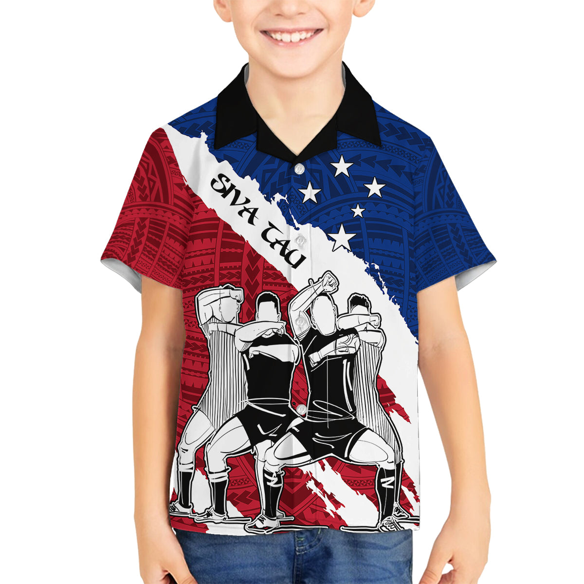 Samoa Rugby Family Matching Off Shoulder Short Dress and Hawaiian Shirt Siva Tau Dance Polynesian Tattoo Brush Style LT03 Son's Shirt Red - Polynesian Pride