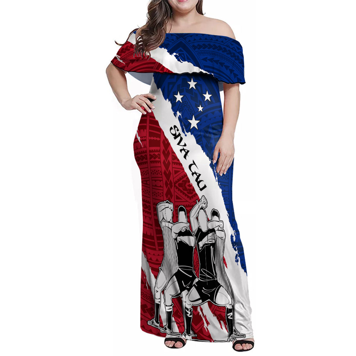 custom-samoa-rugby-family-matching-off-shoulder-maxi-dress-and-hawaiian-shirt-siva-tau-dance-polynesian-tattoo-brush-style