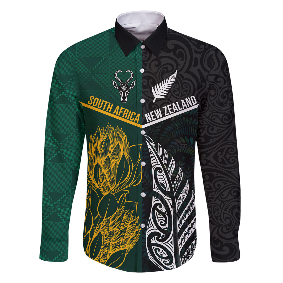 South Africa and New Zealand Family Matching Short Sleeve Bodycon Dress and Hawaiian Shirt King Protea and Silver Fern Mix Culture Pattern LT03 Dad's Shirt - Long Sleeve Black - Polynesian Pride