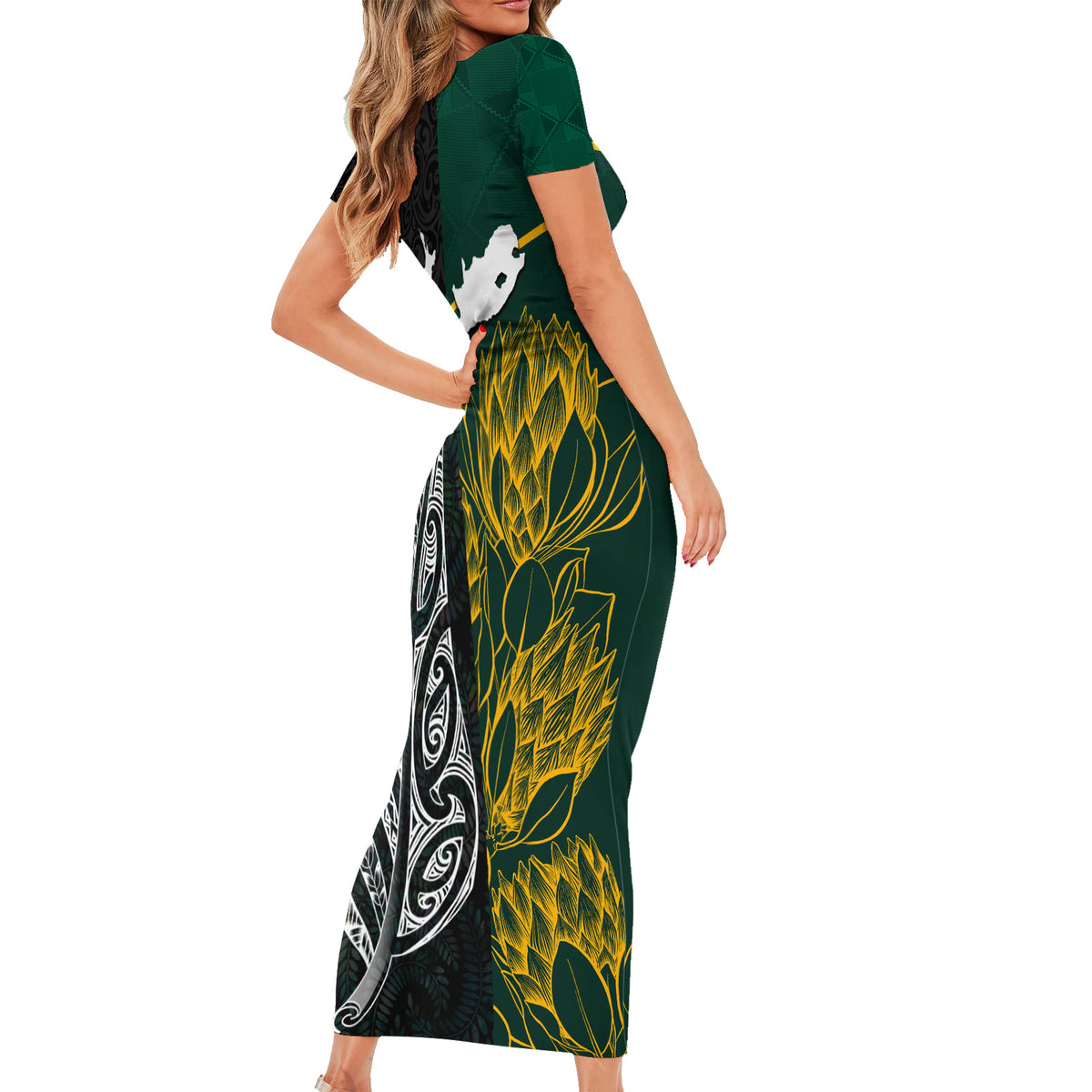 South Africa and New Zealand Family Matching Short Sleeve Bodycon Dress and Hawaiian Shirt King Protea and Silver Fern Mix Culture Pattern LT03 - Polynesian Pride