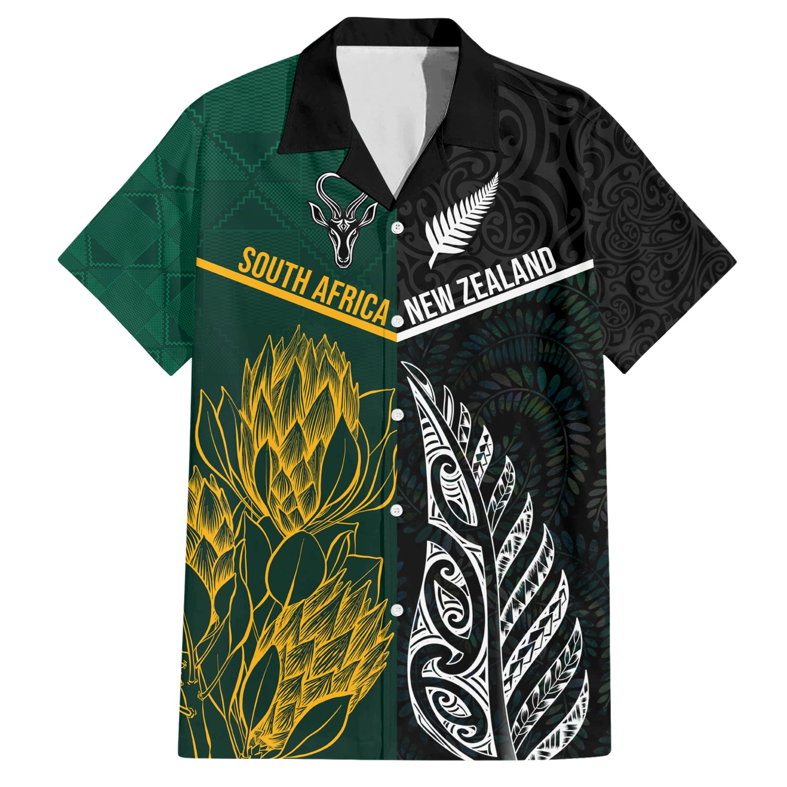 South Africa and New Zealand Hawaiian Shirt King Protea and Silver Fern Mix Culture Pattern LT03 Black - Polynesian Pride