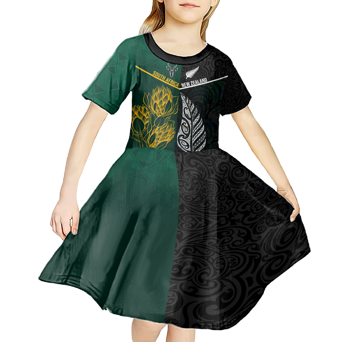 South Africa and New Zealand Kid Short Sleeve Dress King Protea and Silver Fern Mix Culture Pattern LT03 - Polynesian Pride