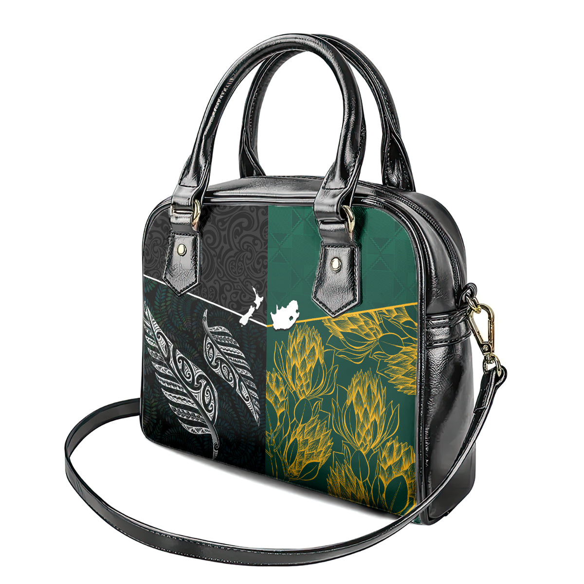 South Africa and New Zealand Shoulder Handbag King Protea and Silver Fern Mix Culture Pattern LT03 - Polynesian Pride