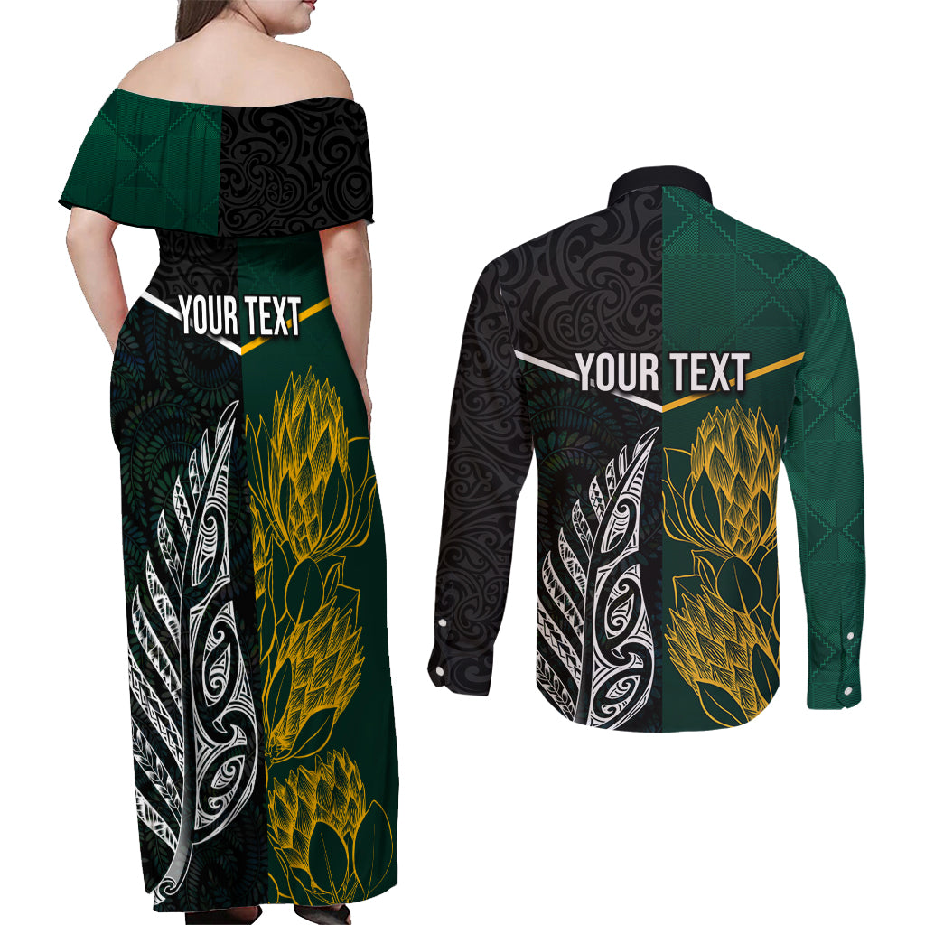 Personalised South Africa and New Zealand Couples Matching Off Shoulder Maxi Dress and Long Sleeve Button Shirt King Protea and Silver Fern Mix Culture Pattern LT03 - Polynesian Pride
