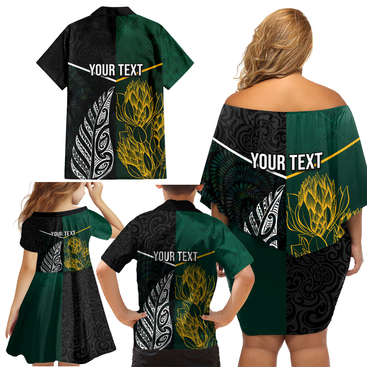 Personalised South Africa and New Zealand Family Matching Off Shoulder Short Dress and Hawaiian Shirt King Protea and Silver Fern Mix Culture Pattern LT03 - Polynesian Pride