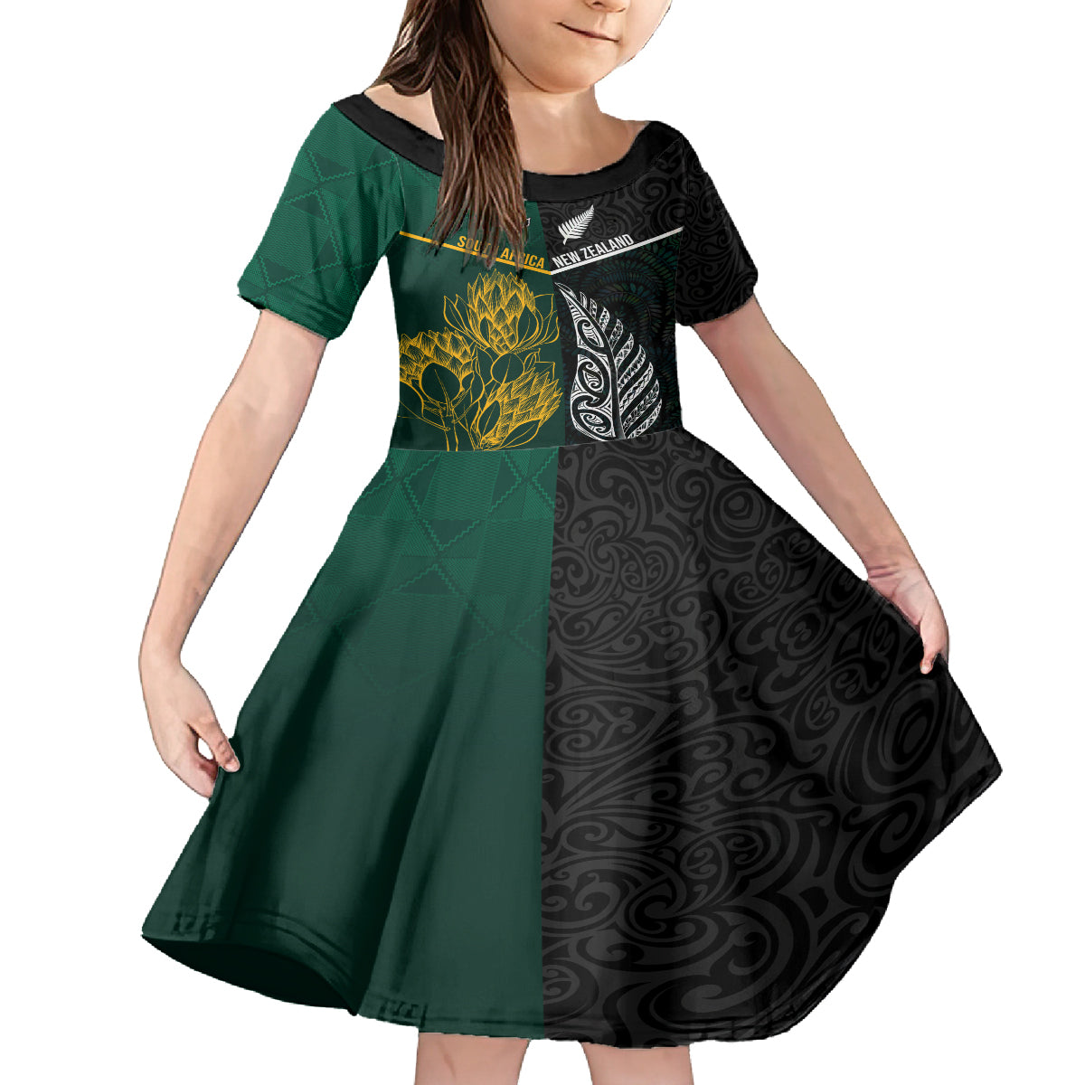 Personalised South Africa and New Zealand Family Matching Puletasi Dress and Hawaiian Shirt King Protea and Silver Fern Mix Culture Pattern LT03 Daughter's Dress Black - Polynesian Pride