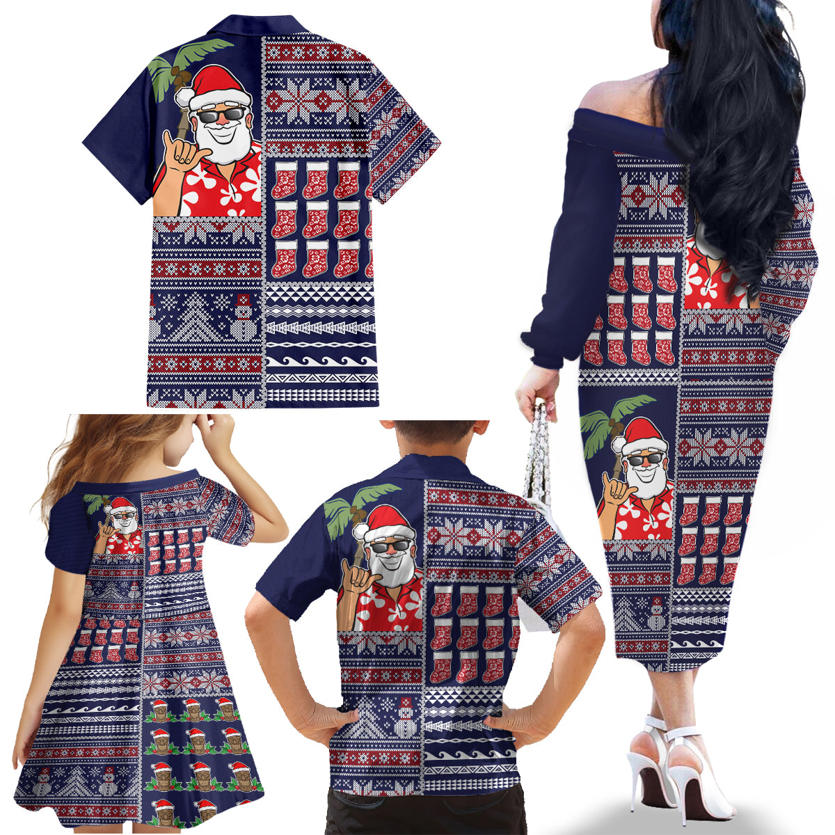 Hawaii Mele Kalikimaka Family Matching Off Shoulder Long Sleeve Dress and Hawaiian Shirt Aloha and Christmas Elements Patchwork Blue Style LT03 - Polynesian Pride