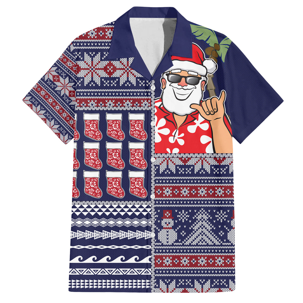 Hawaii Mele Kalikimaka Family Matching Off Shoulder Maxi Dress and Hawaiian Shirt Aloha and Christmas Elements Patchwork Blue Style LT03 Dad's Shirt - Short Sleeve Blue - Polynesian Pride