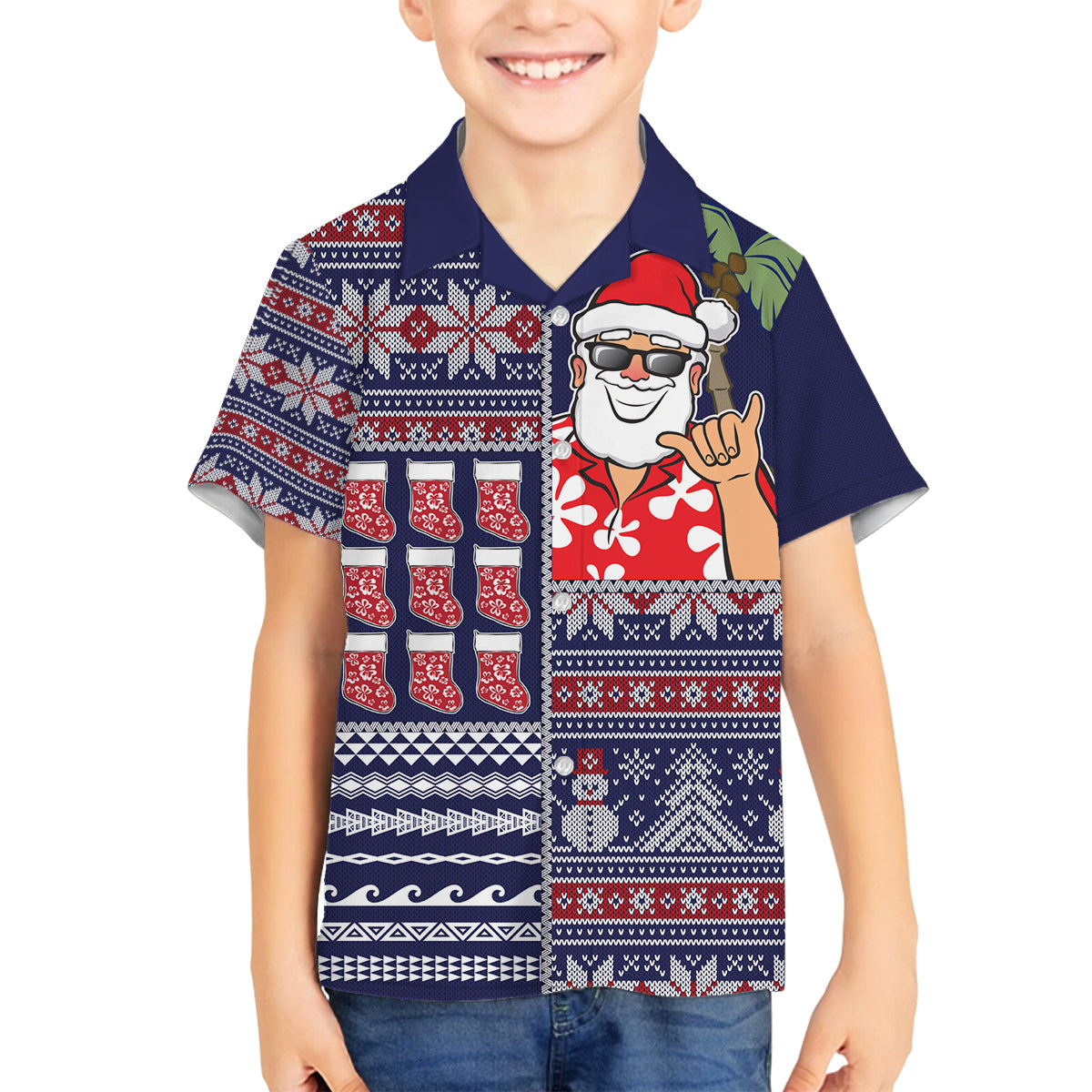 Hawaii Mele Kalikimaka Family Matching Off Shoulder Maxi Dress and Hawaiian Shirt Aloha and Christmas Elements Patchwork Blue Style LT03 Son's Shirt Blue - Polynesian Pride