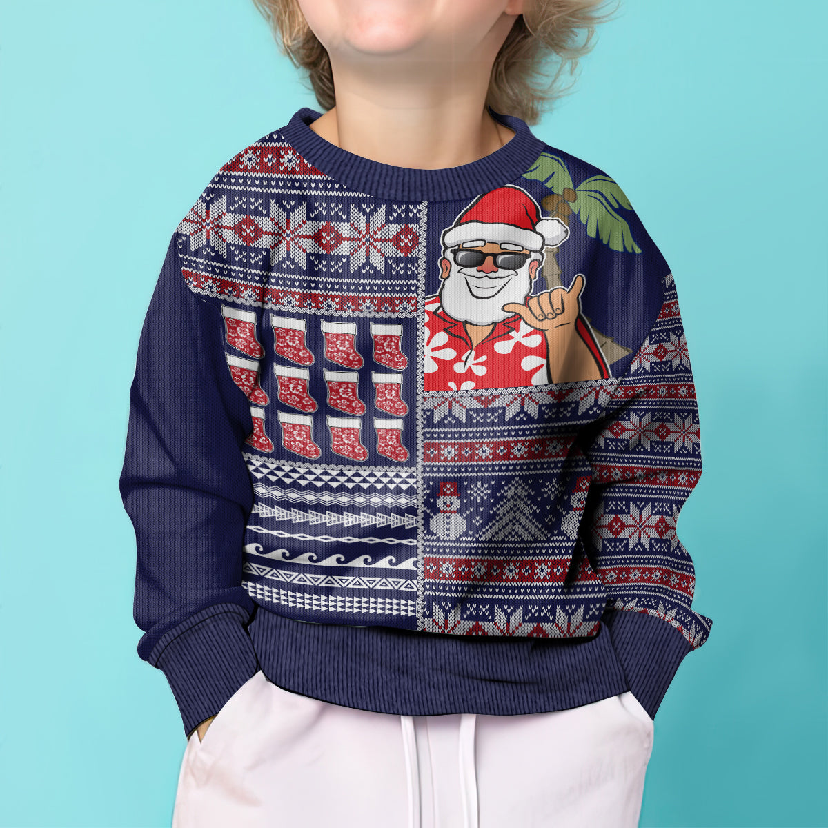 Hawaii Mele Kalikimaka Kid Ugly Christmas Sweater Aloha and Christmas Elements Patchwork Blue Style LT03 - Polynesian Pride