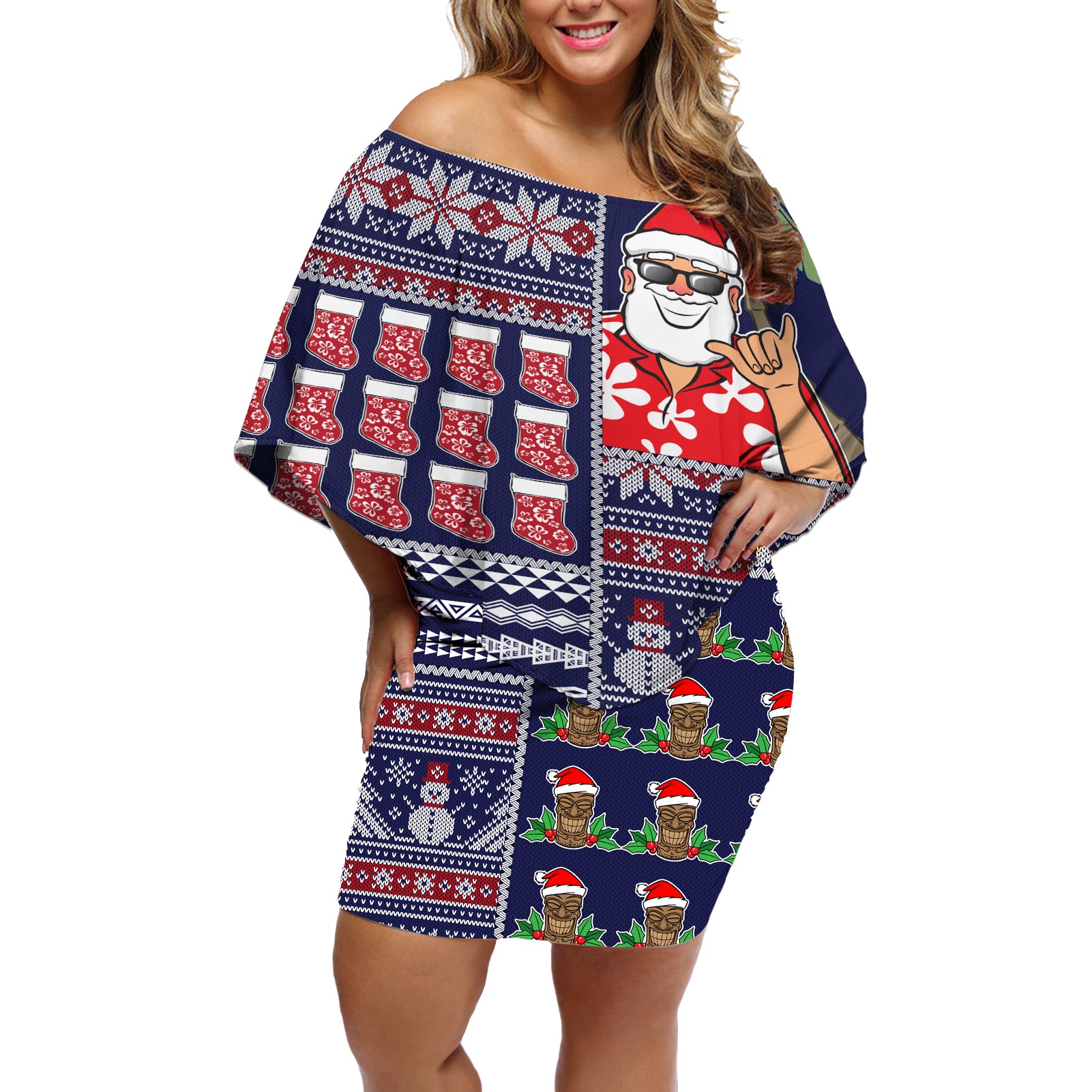 Hawaii Mele Kalikimaka Off Shoulder Short Dress Aloha and Christmas Elements Patchwork Blue Style LT03 Women Blue - Polynesian Pride