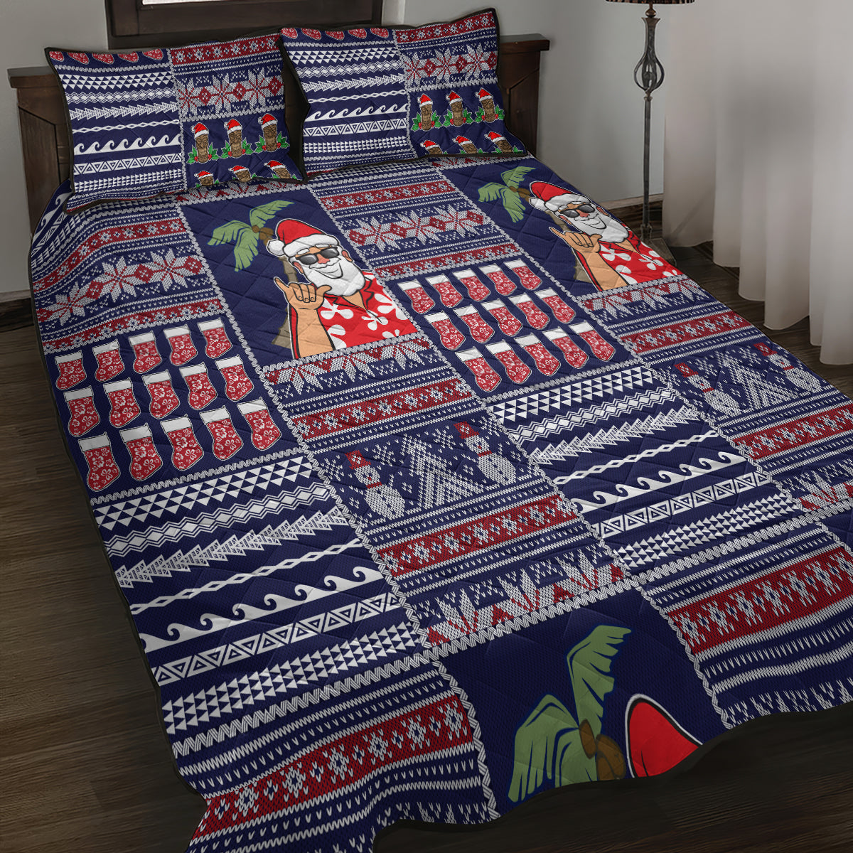 Hawaii Mele Kalikimaka Quilt Bed Set Aloha and Christmas Elements Patchwork Blue Style LT03 - Polynesian Pride