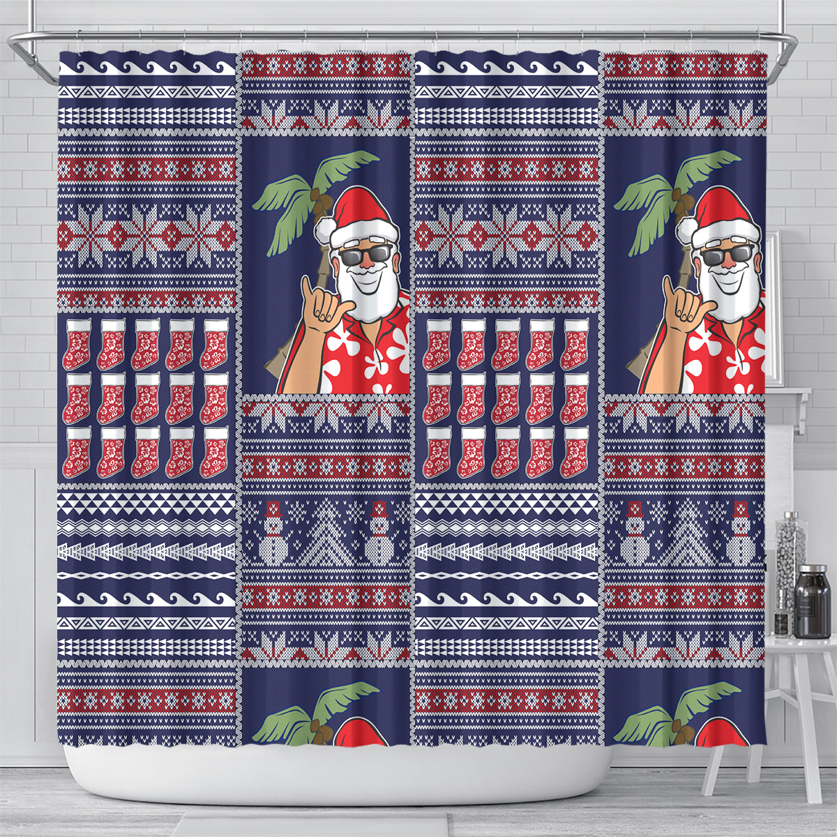 Hawaii Mele Kalikimaka Shower Curtain Aloha and Christmas Elements Patchwork Blue Style LT03 - Polynesian Pride