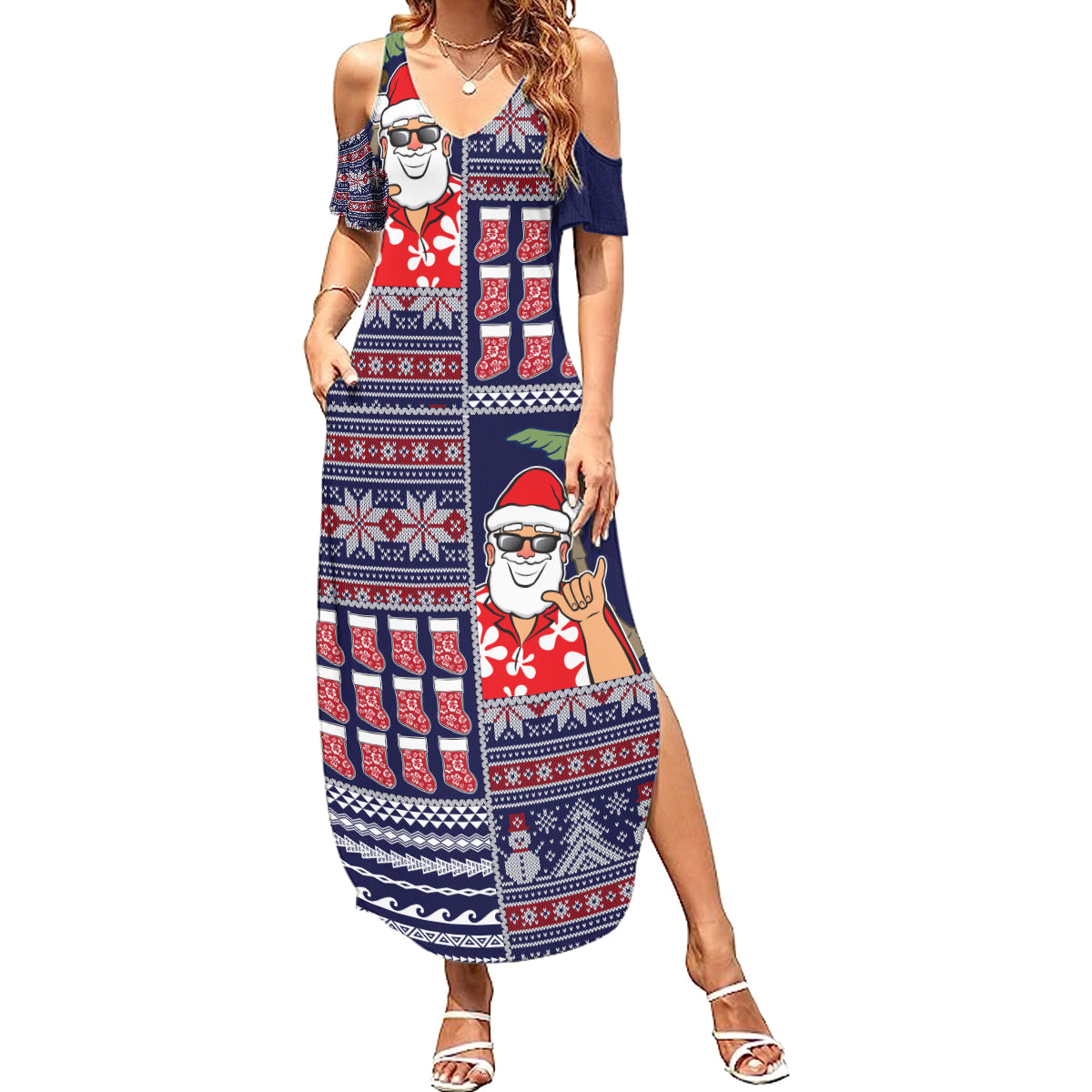 Hawaii Mele Kalikimaka Summer Maxi Dress Aloha and Christmas Elements Patchwork Blue Style LT03 Women Blue - Polynesian Pride