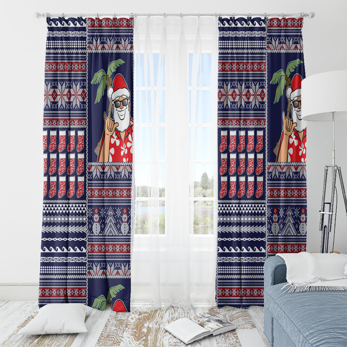Hawaii Mele Kalikimaka Window Curtain Aloha and Christmas Elements Patchwork Blue Style LT03 - Polynesian Pride