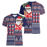 Hawaii Mele Kalikimaka Women V Neck T Shirt Aloha and Christmas Elements Patchwork Blue Style LT03 - Polynesian Pride