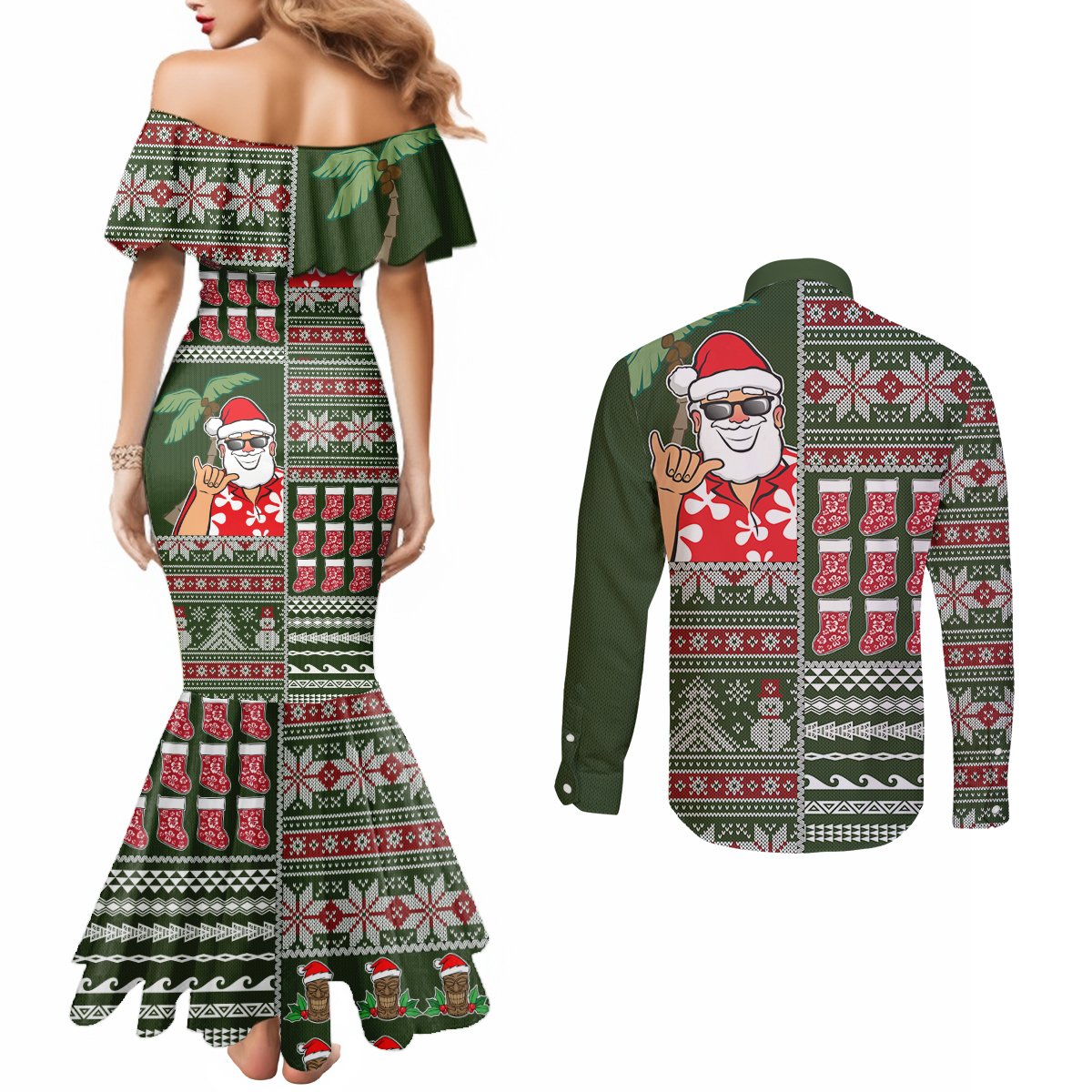 Hawaii Mele Kalikimaka Couples Matching Mermaid Dress and Long Sleeve Button Shirt Aloha and Christmas Elements Patchwork Green Style LT03 - Polynesian Pride