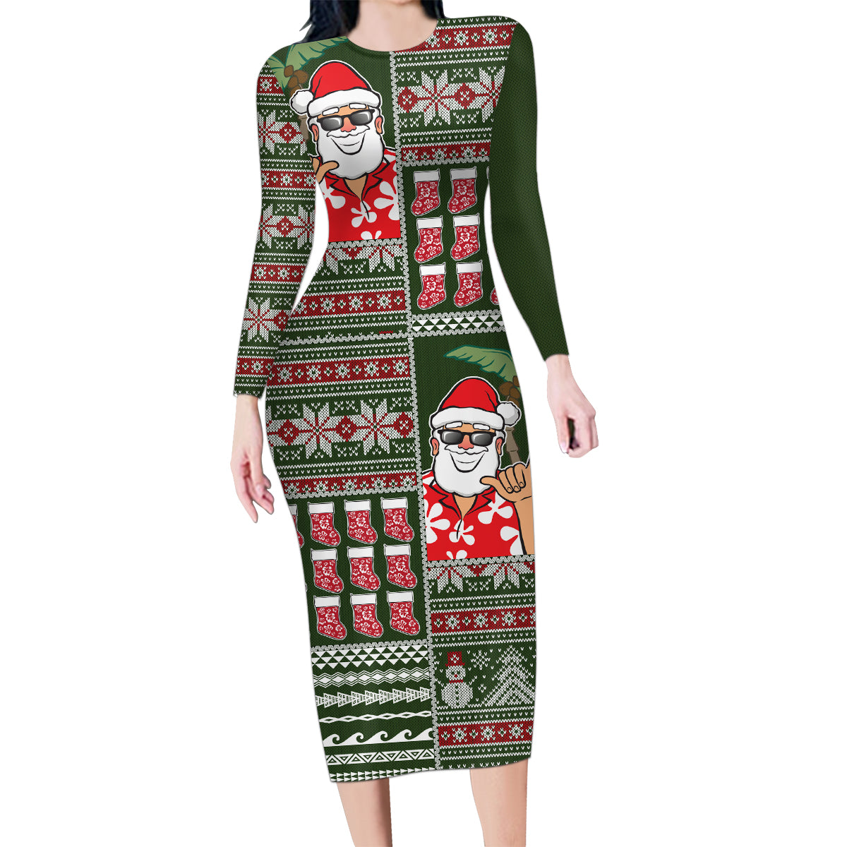 Hawaii Mele Kalikimaka Family Matching Long Sleeve Bodycon Dress and Hawaiian Shirt Aloha and Christmas Elements Patchwork Green Style LT03 Mom's Dress Green - Polynesian Pride