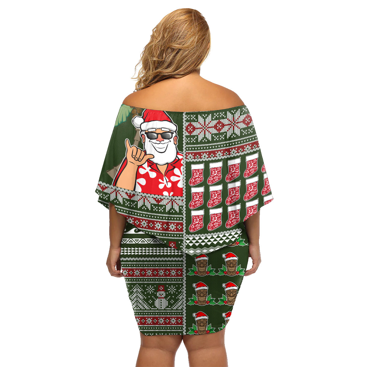 Hawaii Mele Kalikimaka Family Matching Off Shoulder Short Dress and Hawaiian Shirt Aloha and Christmas Elements Patchwork Green Style LT03 - Polynesian Pride