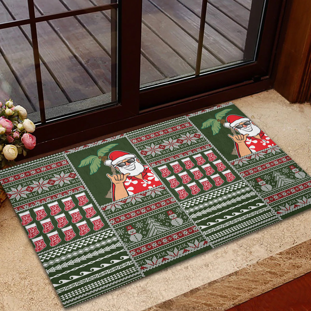 Hawaii Mele Kalikimaka Rubber Doormat Aloha and Christmas Elements Patchwork Green Style LT03 - Polynesian Pride