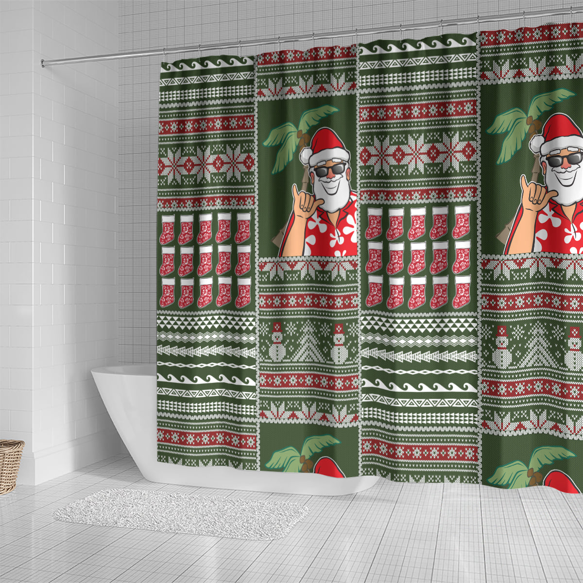 Hawaii Mele Kalikimaka Shower Curtain Aloha and Christmas Elements Patchwork Green Style LT03 - Polynesian Pride