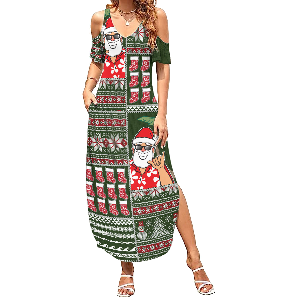 Hawaii Mele Kalikimaka Summer Maxi Dress Aloha and Christmas Elements Patchwork Green Style LT03 Women Green - Polynesian Pride