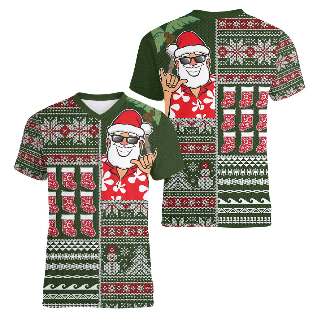 Hawaii Mele Kalikimaka Women V Neck T Shirt Aloha and Christmas Elements Patchwork Green Style LT03 - Polynesian Pride