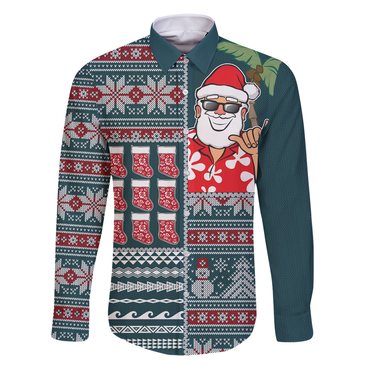 Hawaii Mele Kalikimaka Family Matching Mermaid Dress and Hawaiian Shirt Aloha and Christmas Elements Patchwork Turquoise Style LT03 Dad's Shirt - Long Sleeve Turquoise - Polynesian Pride