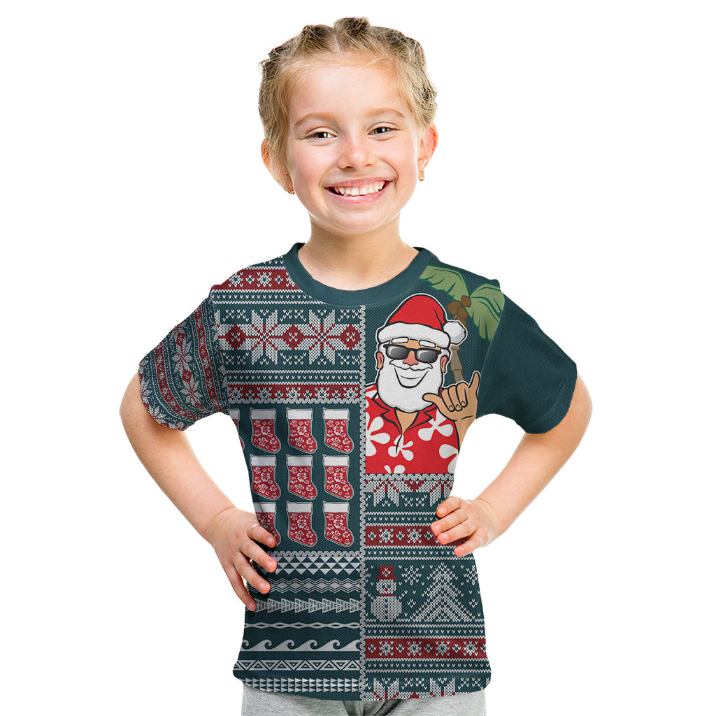 Hawaii Mele Kalikimaka Kid T Shirt Aloha and Christmas Elements Patchwork Turquoise Style LT03 Turquoise - Polynesian Pride