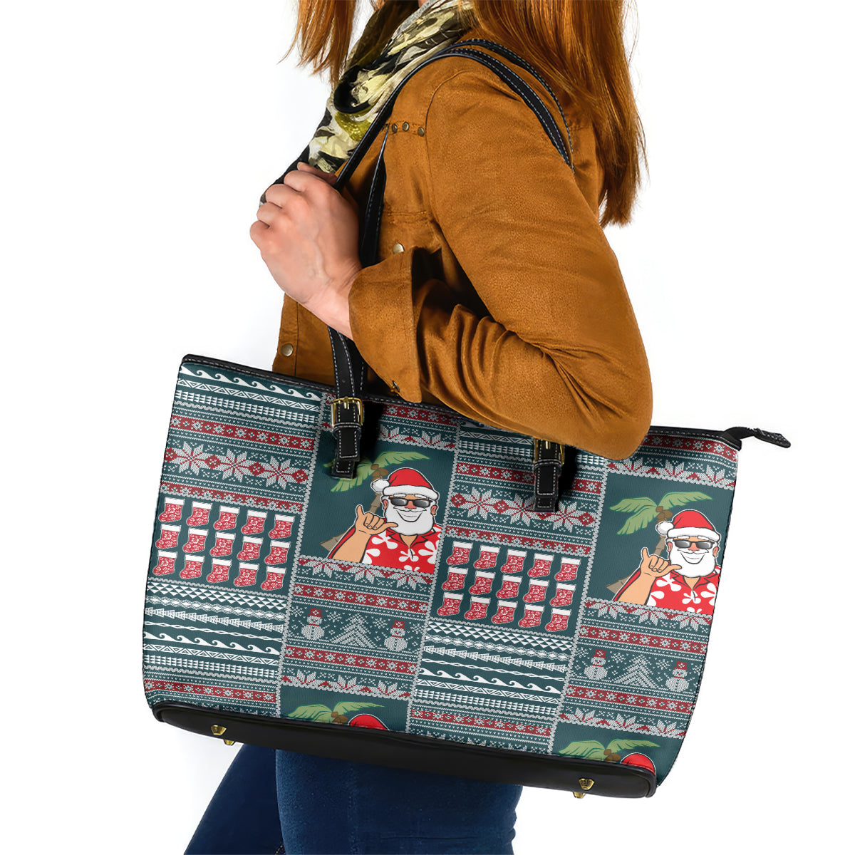 Hawaii Mele Kalikimaka Leather Tote Bag Aloha and Christmas Elements Patchwork Turquoise Style LT03 Turquoise - Polynesian Pride