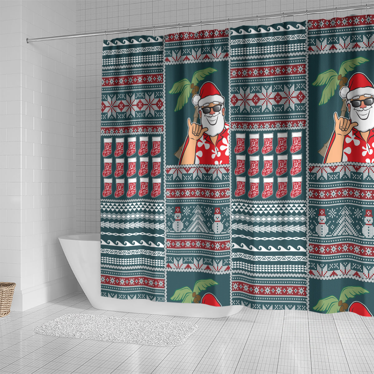 Hawaii Mele Kalikimaka Shower Curtain Aloha and Christmas Elements Patchwork Turquoise Style LT03 - Polynesian Pride