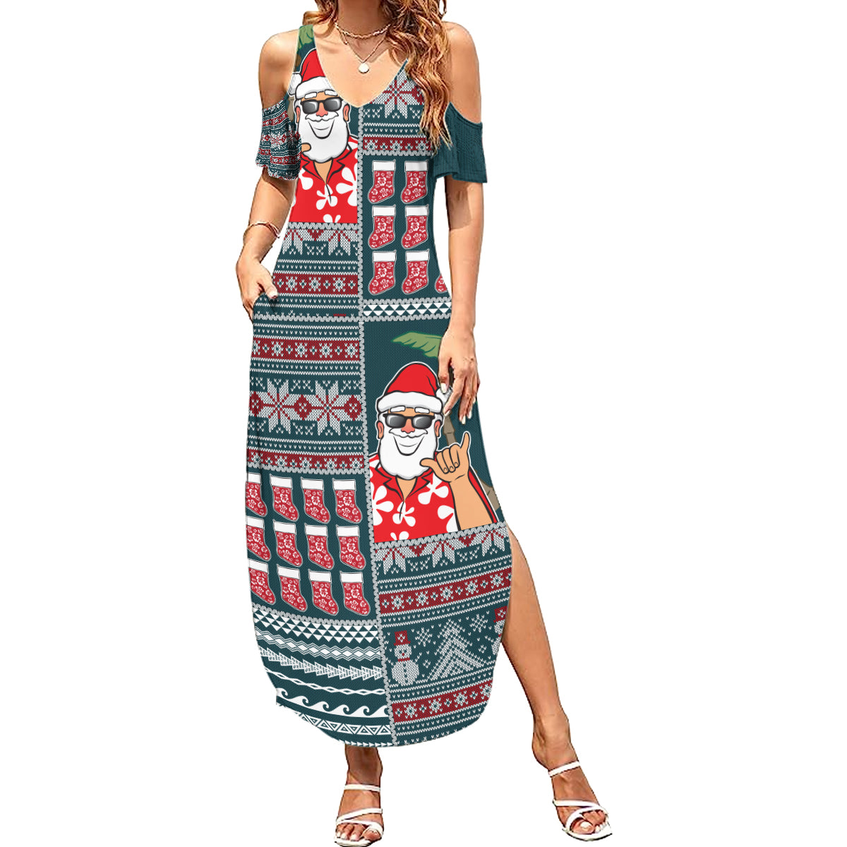 Hawaii Mele Kalikimaka Summer Maxi Dress Aloha and Christmas Elements Patchwork Turquoise Style LT03 Women Turquoise - Polynesian Pride