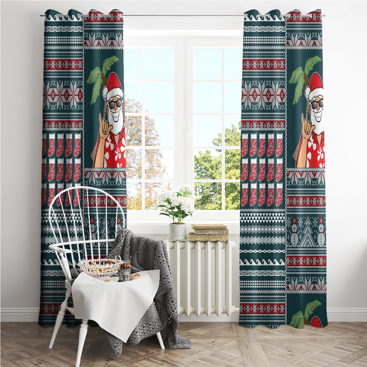 Hawaii Mele Kalikimaka Window Curtain Aloha and Christmas Elements Patchwork Turquoise Style LT03 - Polynesian Pride