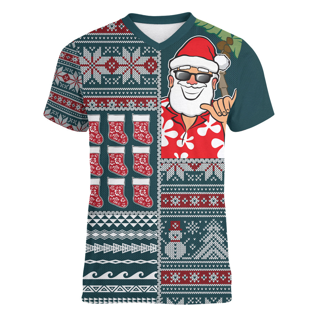 Hawaii Mele Kalikimaka Women V Neck T Shirt Aloha and Christmas Elements Patchwork Turquoise Style LT03 Female Turquoise - Polynesian Pride