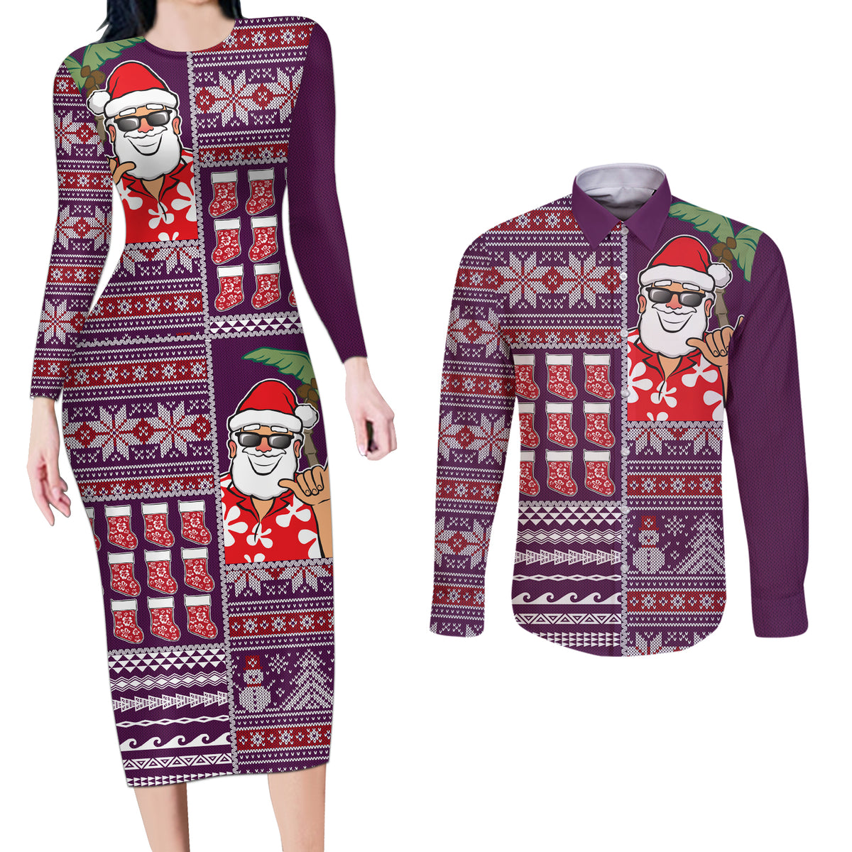 Hawaii Mele Kalikimaka Couples Matching Long Sleeve Bodycon Dress and Long Sleeve Button Shirt Aloha and Christmas Elements Patchwork Pink Style LT03 Pink - Polynesian Pride