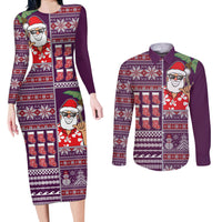 Hawaii Mele Kalikimaka Couples Matching Long Sleeve Bodycon Dress and Long Sleeve Button Shirt Aloha and Christmas Elements Patchwork Pink Style LT03 Pink - Polynesian Pride