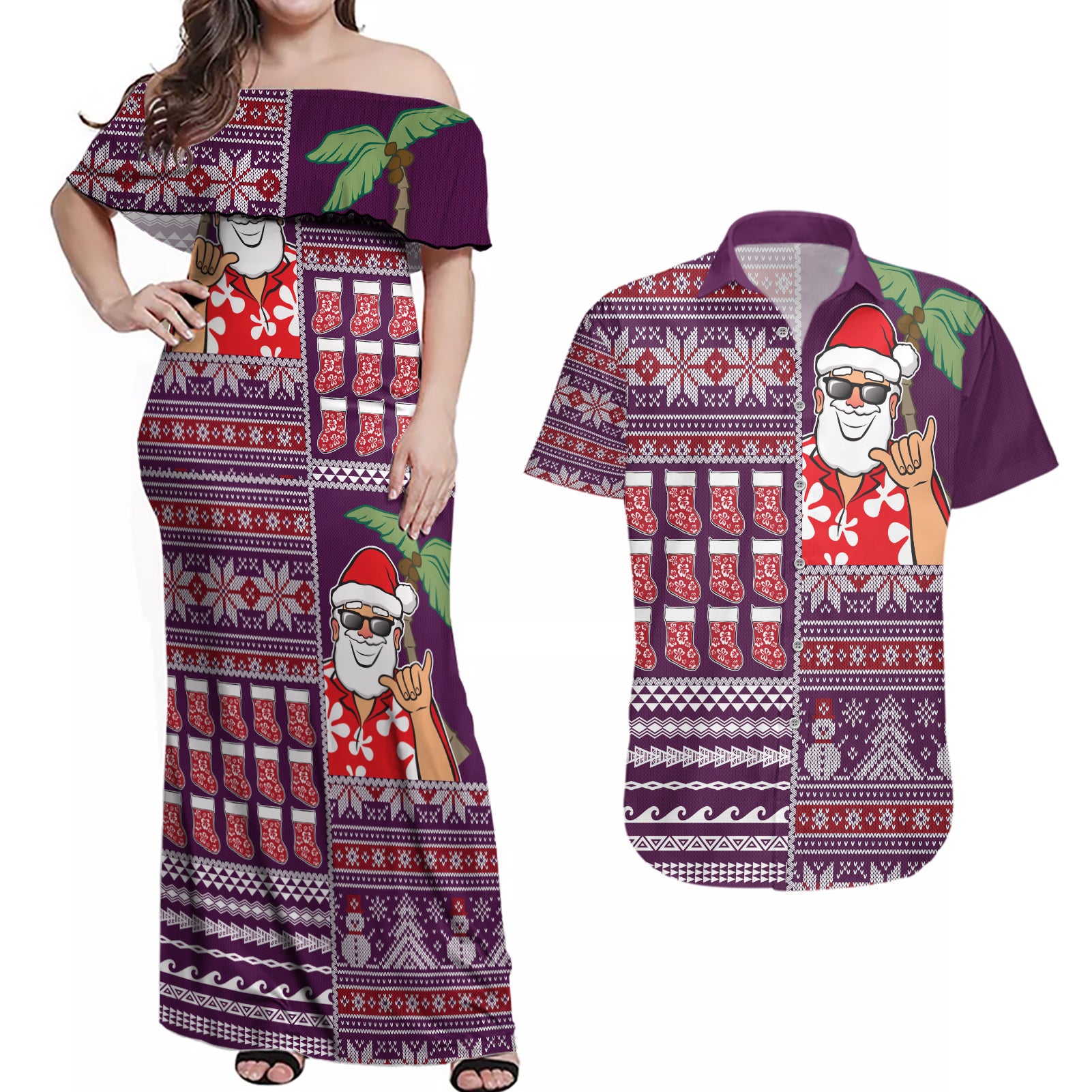 Hawaii Mele Kalikimaka Couples Matching Off Shoulder Maxi Dress and Hawaiian Shirt Aloha and Christmas Elements Patchwork Pink Style LT03 Pink - Polynesian Pride