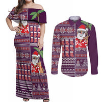 Hawaii Mele Kalikimaka Couples Matching Off Shoulder Maxi Dress and Long Sleeve Button Shirt Aloha and Christmas Elements Patchwork Pink Style LT03 Pink - Polynesian Pride