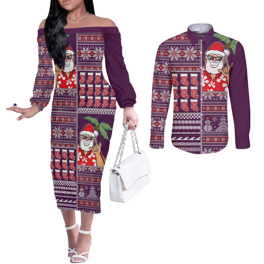 Hawaii Mele Kalikimaka Couples Matching Off The Shoulder Long Sleeve Dress and Long Sleeve Button Shirt Aloha and Christmas Elements Patchwork Pink Style LT03 Pink - Polynesian Pride