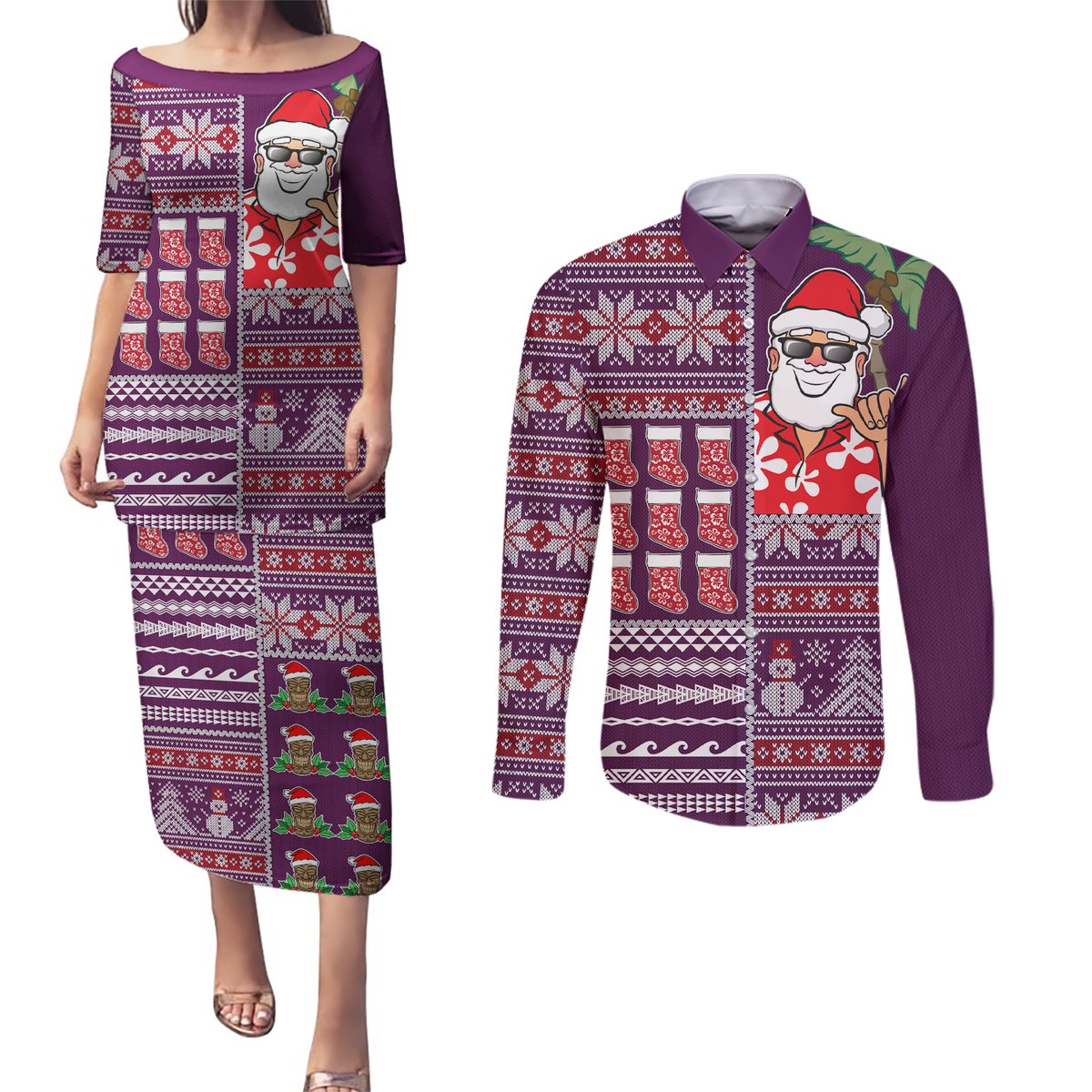 Hawaii Mele Kalikimaka Couples Matching Puletasi Dress and Long Sleeve Button Shirt Aloha and Christmas Elements Patchwork Pink Style LT03 Pink - Polynesian Pride