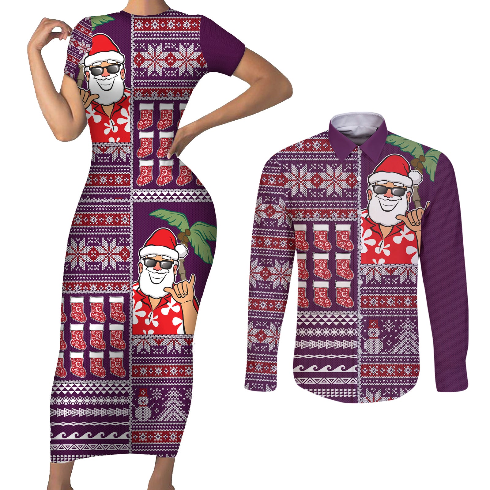 Hawaii Mele Kalikimaka Couples Matching Short Sleeve Bodycon Dress and Long Sleeve Button Shirt Aloha and Christmas Elements Patchwork Pink Style LT03 Pink - Polynesian Pride