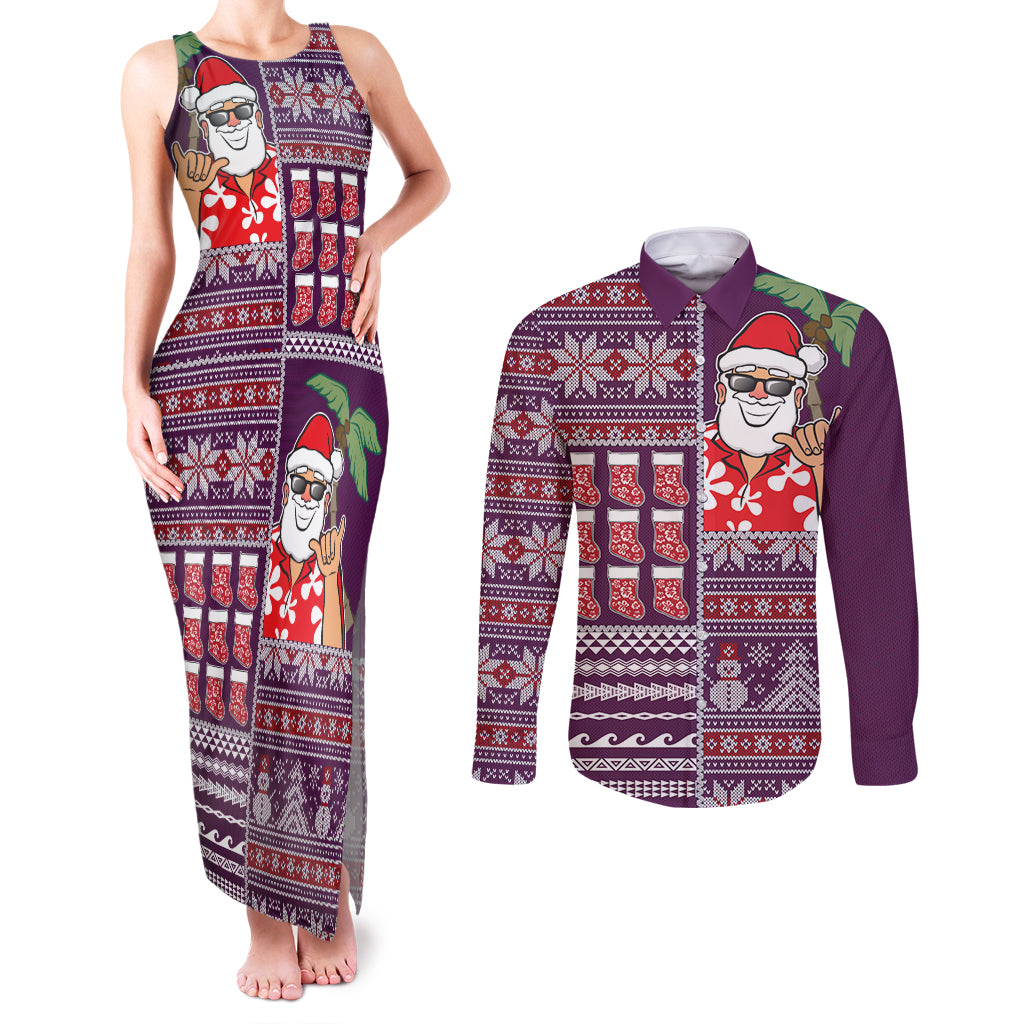 Hawaii Mele Kalikimaka Couples Matching Tank Maxi Dress and Long Sleeve Button Shirt Aloha and Christmas Elements Patchwork Pink Style LT03 Pink - Polynesian Pride