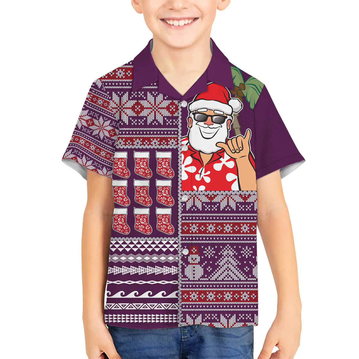 Hawaii Mele Kalikimaka Family Matching Off Shoulder Maxi Dress and Hawaiian Shirt Aloha and Christmas Elements Patchwork Pink Style LT03 Son's Shirt Pink - Polynesian Pride