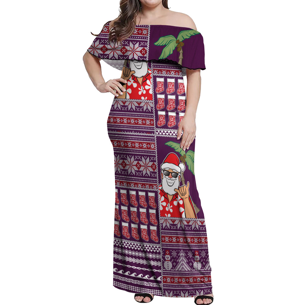 Hawaii Mele Kalikimaka Off Shoulder Maxi Dress Aloha and Christmas Elements Patchwork Pink Style LT03 Women Pink - Polynesian Pride
