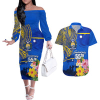 Personalised Nauru Independence Day Couples Matching Off The Shoulder Long Sleeve Dress and Hawaiian Shirt Nauruan Tribal Flag Style LT03 Blue - Polynesian Pride