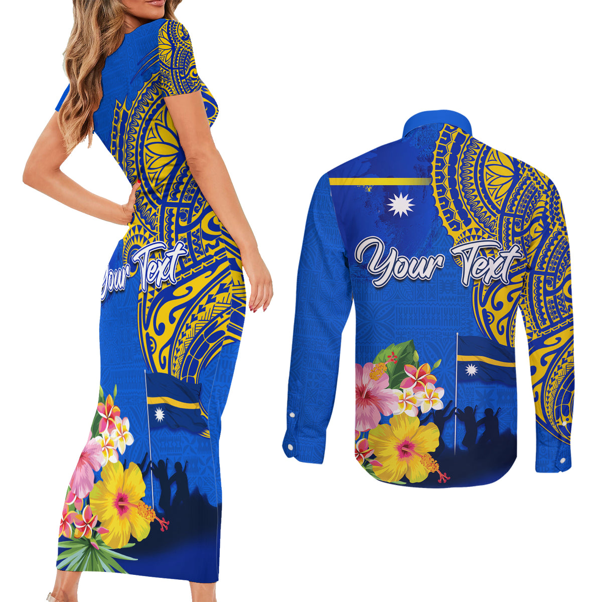 Personalised Nauru Independence Day Couples Matching Short Sleeve Bodycon Dress and Long Sleeve Button Shirt Nauruan Tribal Flag Style LT03 - Polynesian Pride