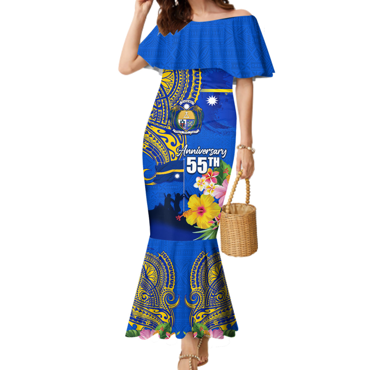 Personalised Nauru Independence Day Family Matching Mermaid Dress and Hawaiian Shirt Nauruan Tribal Flag Style LT03 Mom's Dress Blue - Polynesian Pride