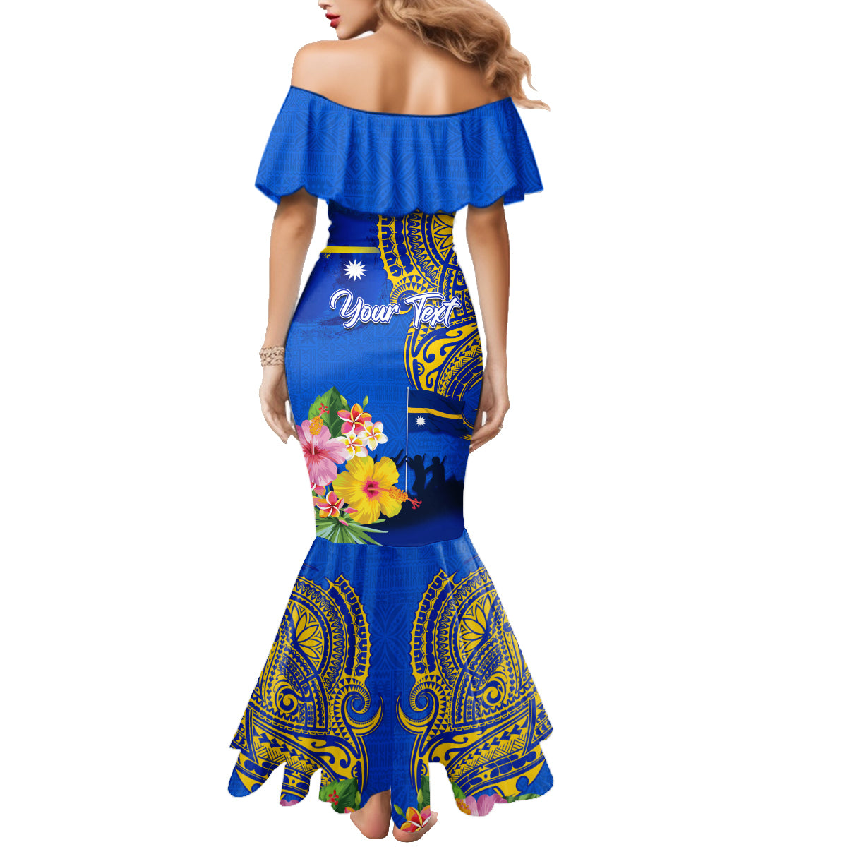 Personalised Nauru Independence Day Family Matching Mermaid Dress and Hawaiian Shirt Nauruan Tribal Flag Style LT03 - Polynesian Pride