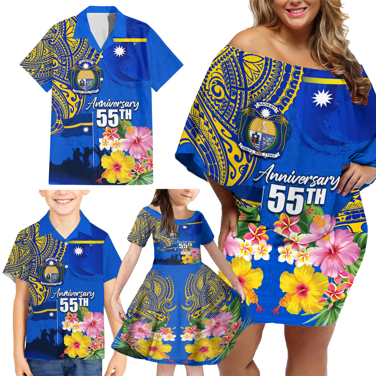 Personalised Nauru Independence Day Family Matching Off Shoulder Short Dress and Hawaiian Shirt Nauruan Tribal Flag Style LT03 - Polynesian Pride